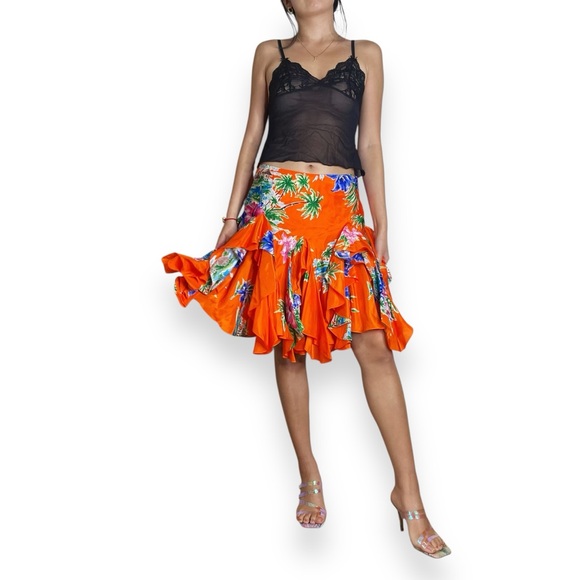 Vintage Ralph Lauren Layered Ruffle 100% Silk Tropical Floral Skirt Size 2 - Picture 4 of 16